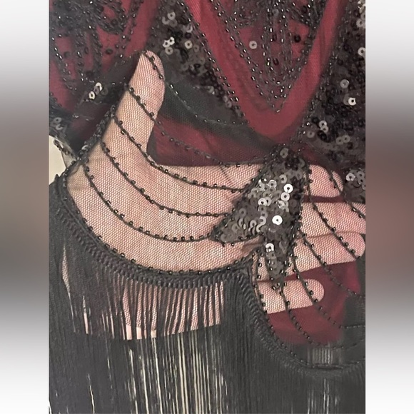 Vampy Gothic Maxi Dress- Black Mesh and Sequins over Red lining w/ Tassels LARGE - Picture 5 of 14